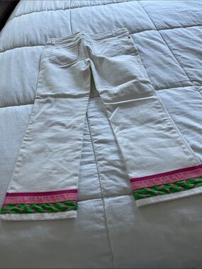 Lilly Pulitzer White Cropped Jeans with Pink & Green Hem Trim